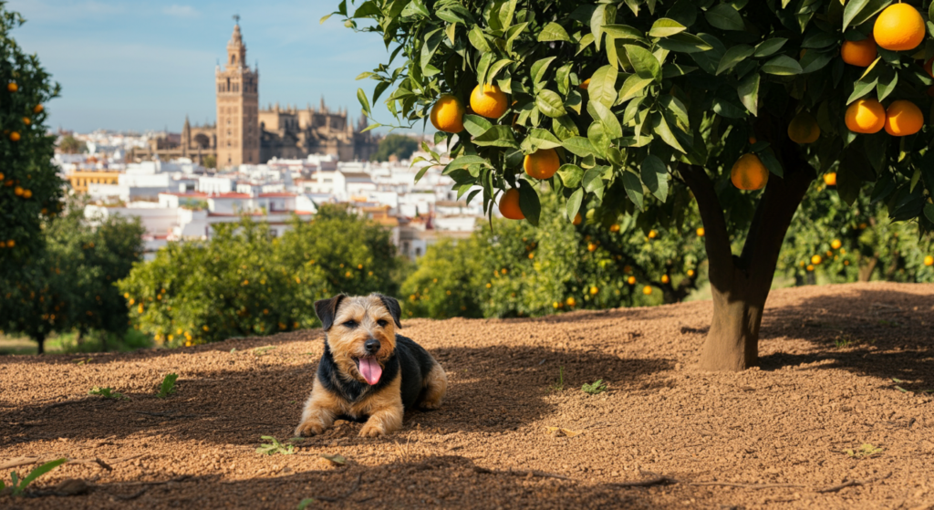 A small, happy dog lying under an orange tree in a sunny Seville orchard, with the cityscape and iconic architecture of Seville visible in the background.