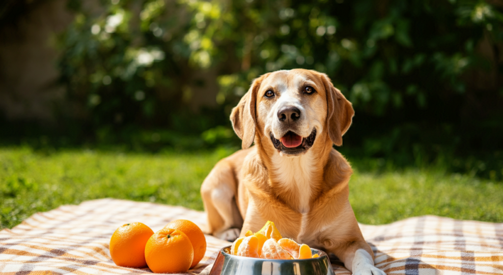 A happy golden retriever lying on a picnic blanket with a bowl of peeled orange slices and whole oranges on the grass in a sunny backyard.