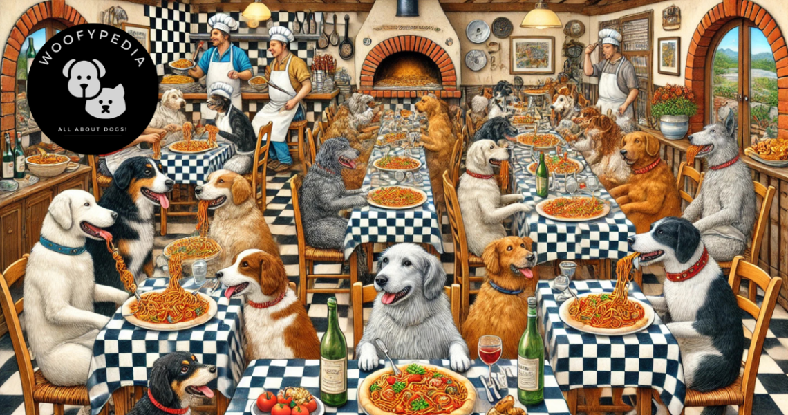 "A lively Italian restaurant filled with dogs of various breeds sitting at tables, eating pasta dishes and socialising. Chefs in the background cook pasta and pizzas near a traditional wood-fired oven."