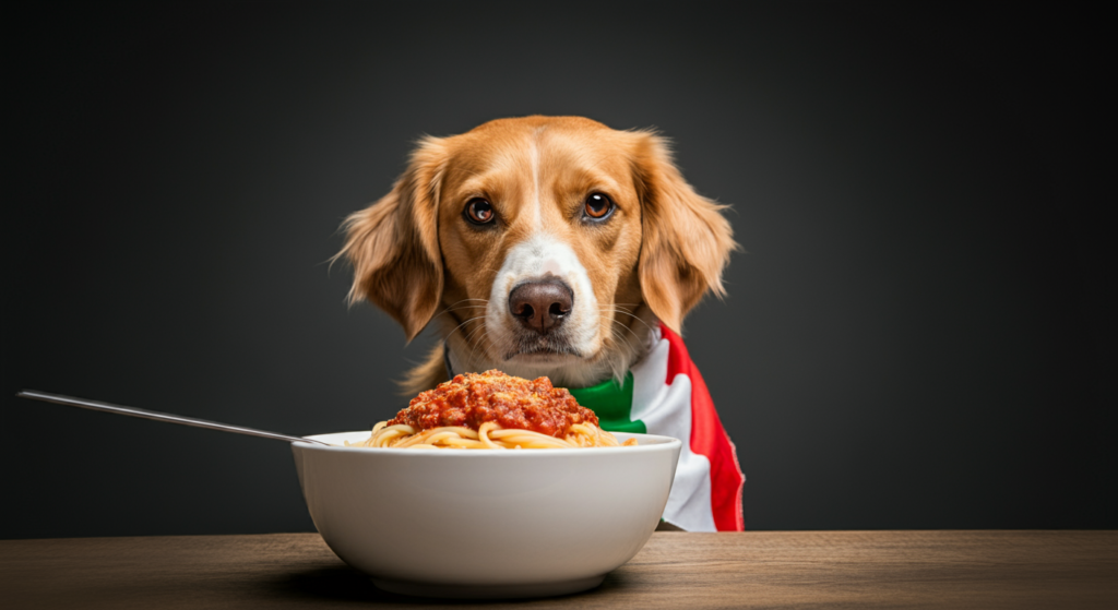 "A golden-brown dog wearing an Italian flag scarf, sitting in front of a bowl of spaghetti topped with marinara sauce, staring intently at the food."