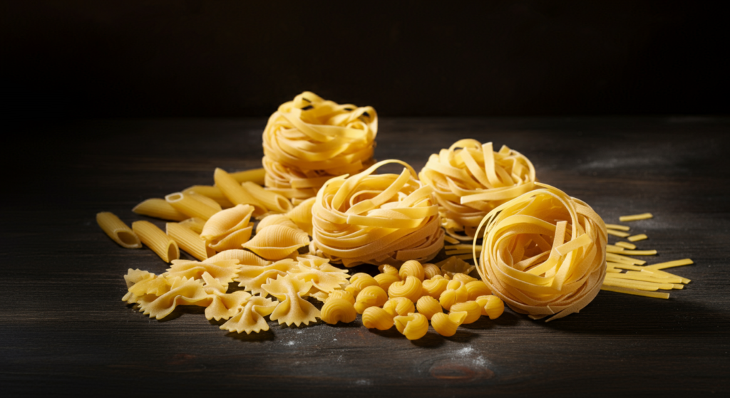 "An assortment of uncooked pasta varieties, including fettuccine nests, penne, farfalle, conchiglie, and macaroni, displayed on a dark wooden surface with a dusting of flour."