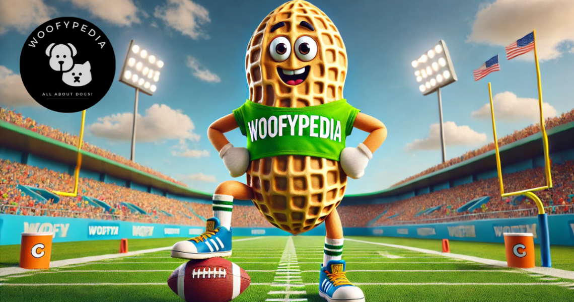 A cartoon peanut character wearing a green "Woofypedia" T-shirt and sporty blue sneakers standing on an American football field, surrounded by a vibrant stadium with cheering fans and floodlights.
