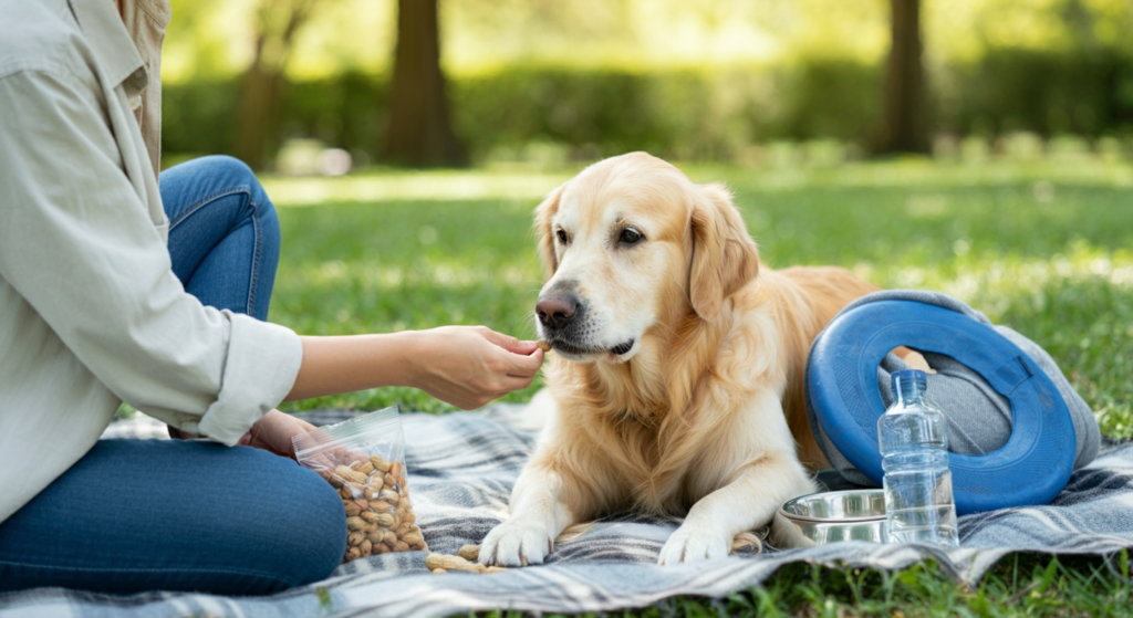 A Golden Retriever lying on a picnic blanket while a person feeds it a peanut. Nearby, a frisbee, water bottle, and dog bowl are placed on the blanket in a grassy park setting.