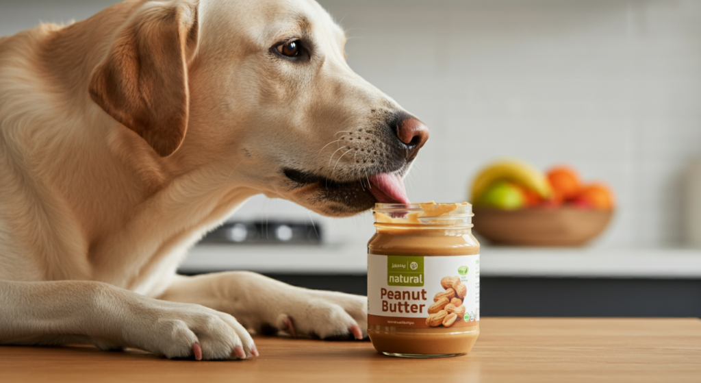 A Labrador licking peanut butter from a jar labelled "Natural Peanut Butter" on a wooden kitchen table. A fruit bowl is visible in the background.