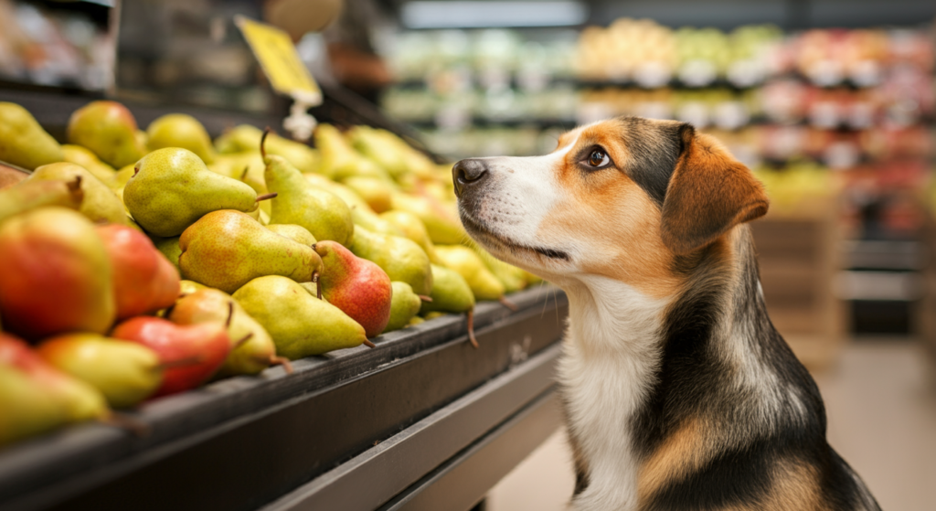 "A curious dog standing next to a display of pears in a grocery store, closely inspecting the fruit with a focused expression."
