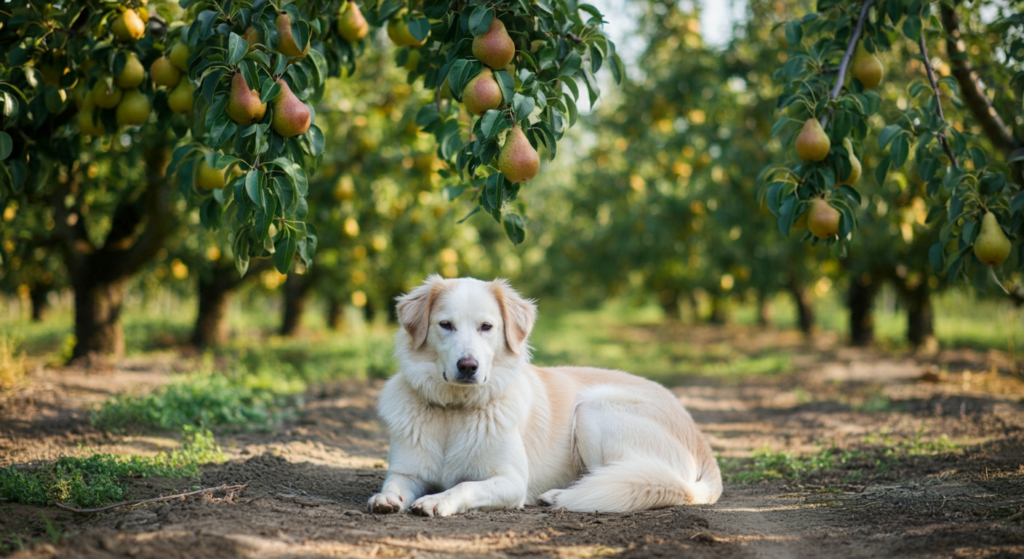 "A serene golden retriever lying on the ground in a lush pear orchard, surrounded by trees laden with ripe pears."