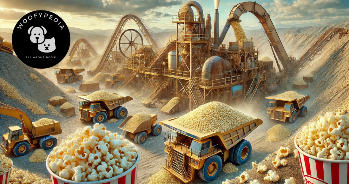 "A surreal scene of the Klondike gold fields with massive mining vehicles, a trommel, and shaker decks processing popcorn instead of gold. The rugged, dusty landscape is filled with popcorn piles under a partly cloudy sky."