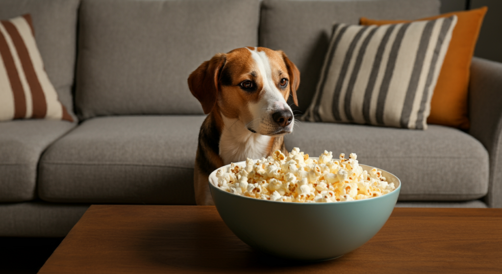"A curious dog sits on a grey sofa, closely eyeing a large bowl of freshly popped popcorn placed on a wooden coffee table in front of it."