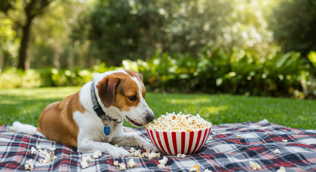 "A brown and white dog lying on a plaid picnic blanket in a sunny garden, curiously sniffing a red-and-white striped bowl filled with popcorn, with pieces of popcorn scattered around."