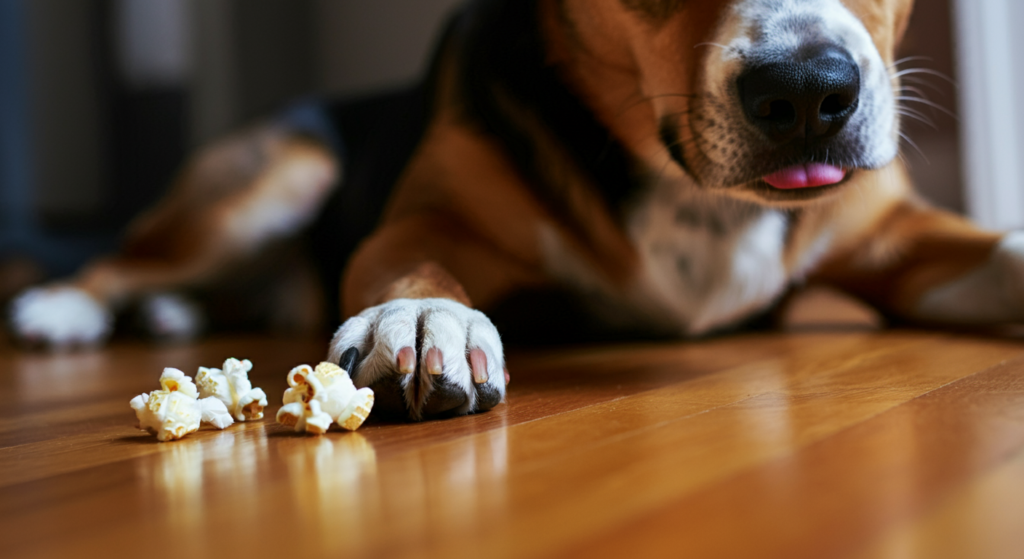"A close-up of a dog’s paw on a wooden floor, with a few pieces of popcorn nearby. The dog’s nose and mouth are visible in the background, with its tongue slightly sticking out."