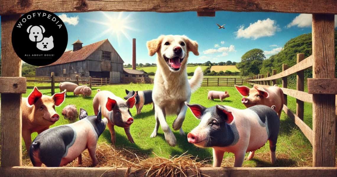 "A cheerful dog playing in a sunny pig pen surrounded by Gloucester Old Spot pigs on a lush green farmyard, with a rustic barn and scenic countryside in the background."