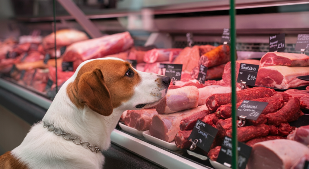 "A dog curiously looking at a butcher's display of fresh pork and other meats behind a glass counter."