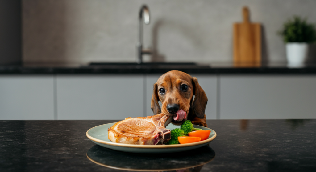 "A dachshund puppy licking a pork chop on a plate with broccoli and carrots on a kitchen counter."