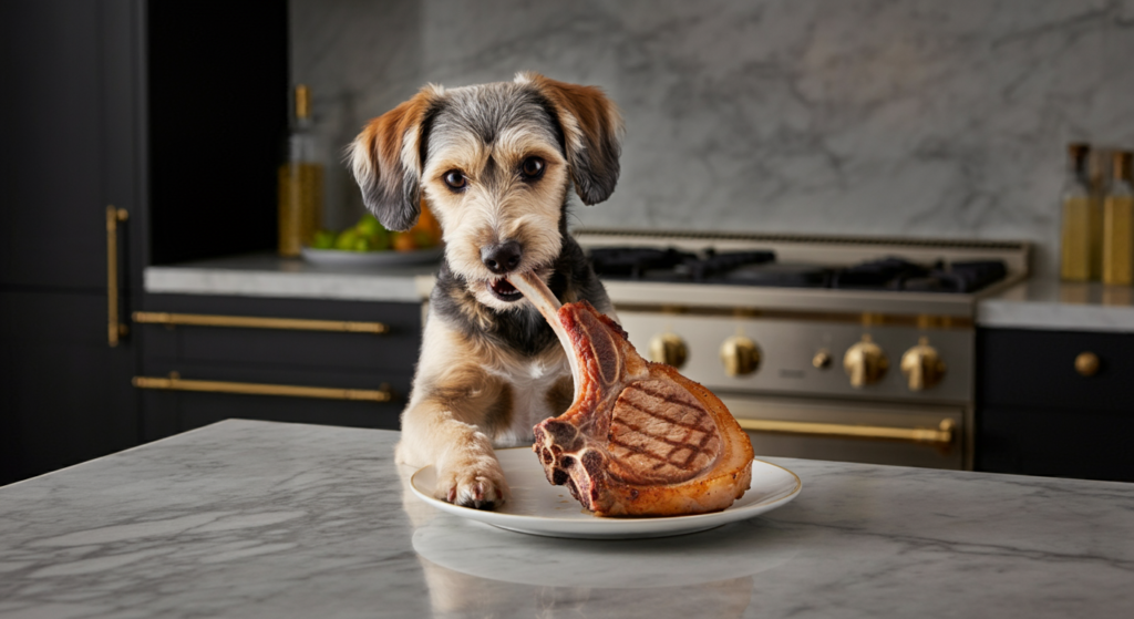 "A small dog chewing on a pork chop bone on a marble countertop in a modern kitchen."