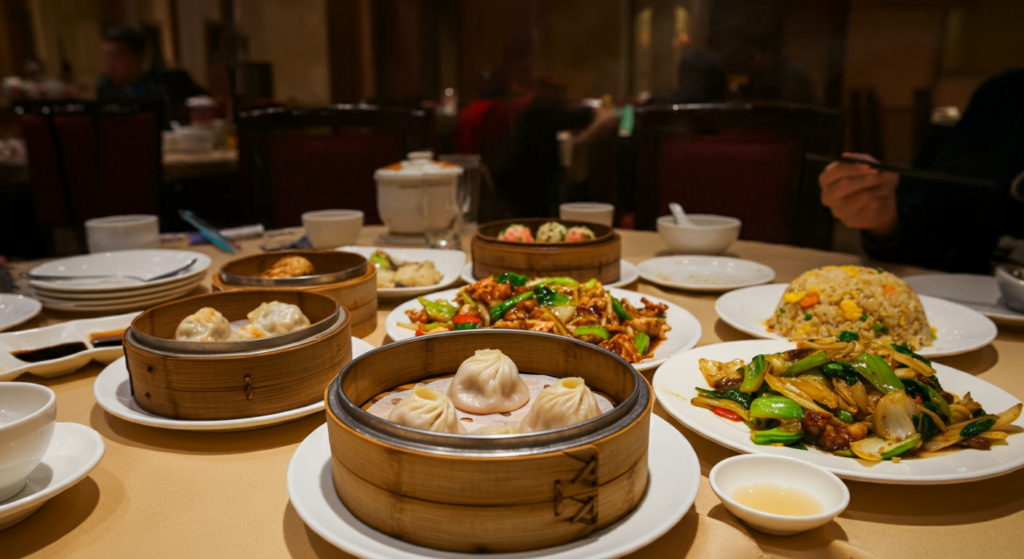 A table in a Chinese restaurant filled with a variety of delicious dishes, including dumplings in bamboo steamers, stir-fried vegetables, fried rice, and other traditional Chinese cuisine, with diners in the background.