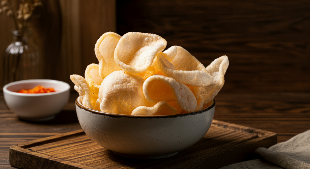 A bowl of golden, crispy prawn crackers placed on a wooden tray with a blurred background featuring a small bowl of chilli sauce and rustic decor.