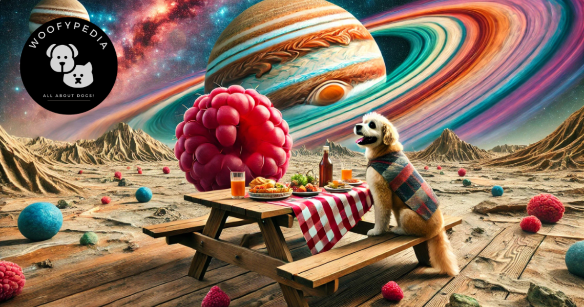 "A whimsical picnic scene on Jupiter featuring a large raspberry and a dog sitting at a wooden picnic table with colourful food and drinks, set against a backdrop of Jupiter’s craters, mountains, and vibrant skies."