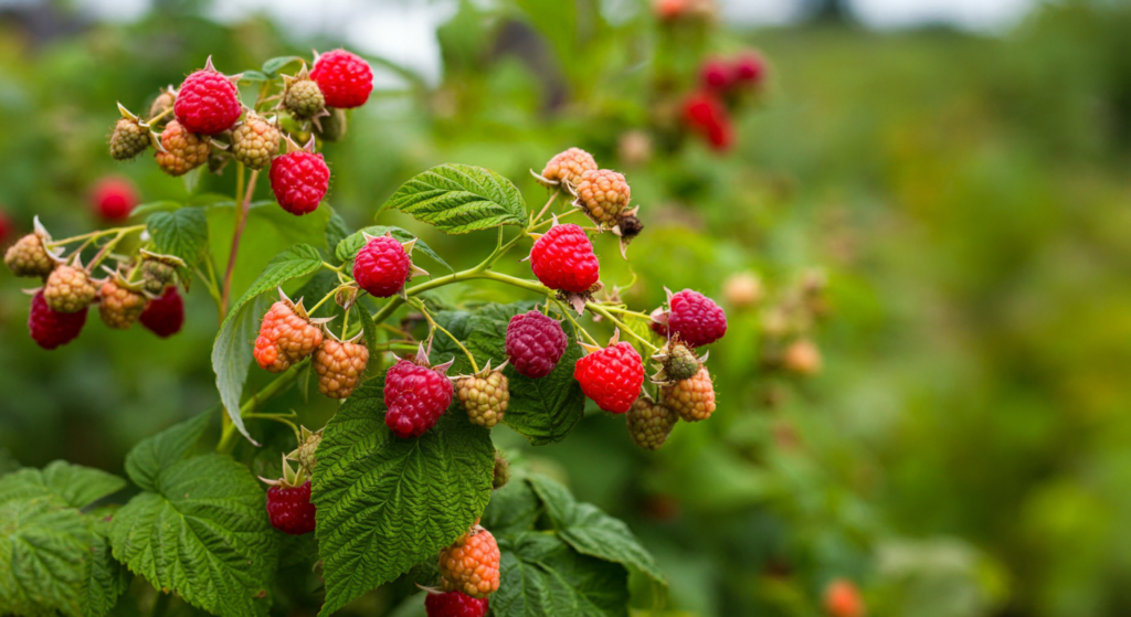 "Close-up of ripe red raspberries and unripe green ones growing on a bush in a lush garden."