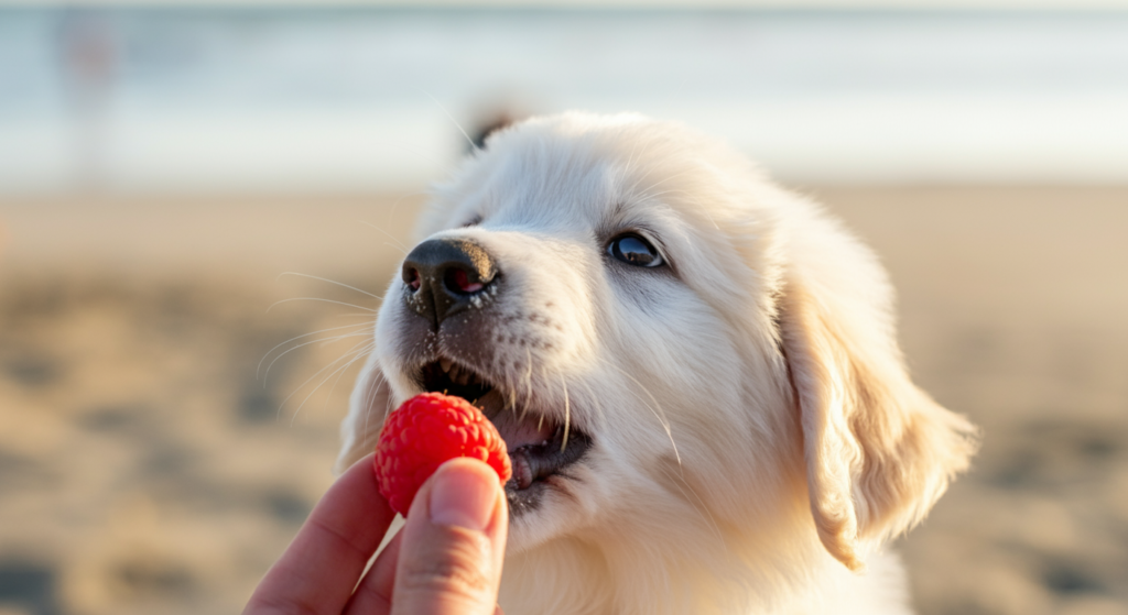 "A fluffy white puppy being fed a raspberry by hand on a sandy beach with the sea in the background."