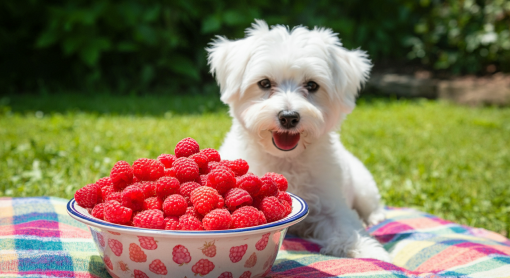"A white fluffy dog sitting on a picnic blanket beside a bowl filled with fresh raspberries in a sunny outdoor setting."