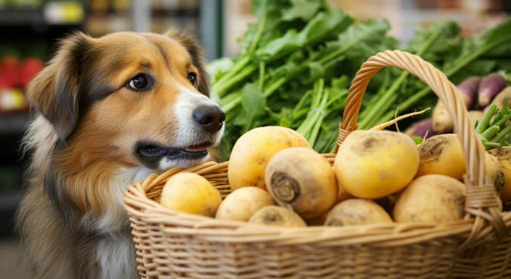 A curious dog gazes at a basket filled with fresh swedes, surrounded by leafy greens in a vibrant market setting.