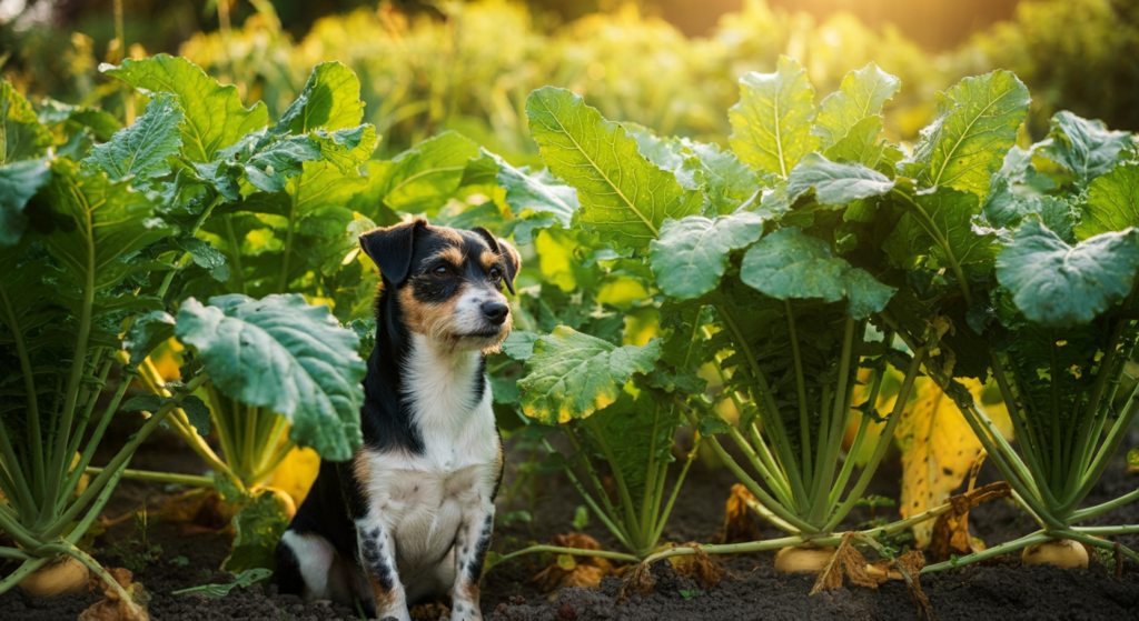 A small black, white, and tan dog sitting in a sunlit garden surrounded by lush swede plants with large green leaves.