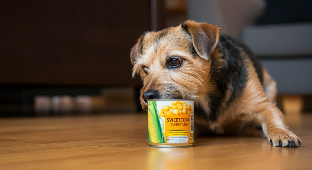 A small brown and black dog sniffing a can of sweetcorn on a wooden floor, with the label "Sweetcorn" clearly visible. The background is softly blurred, focusing attention on the dog and the can.