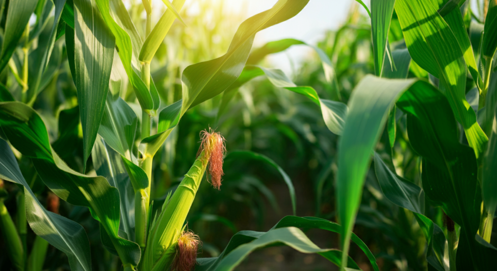 A close-up of a vibrant cornfield bathed in sunlight, with a single corn ear surrounded by tall, lush green leaves.