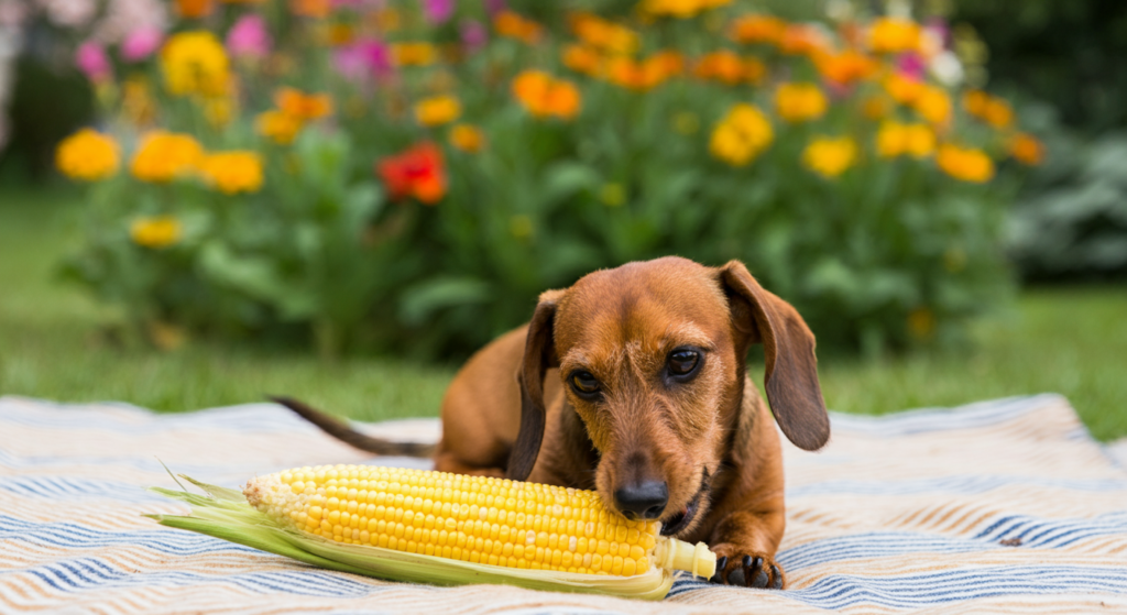 A brown dachshund chewing on a cob of sweetcorn while lying on a striped blanket outdoors, with colourful flowers blurred in the background.