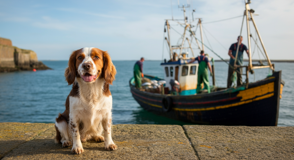 A happy dog sitting on a pier with a fishing boat in the background, set against a calm blue ocean and a sunny sky.
