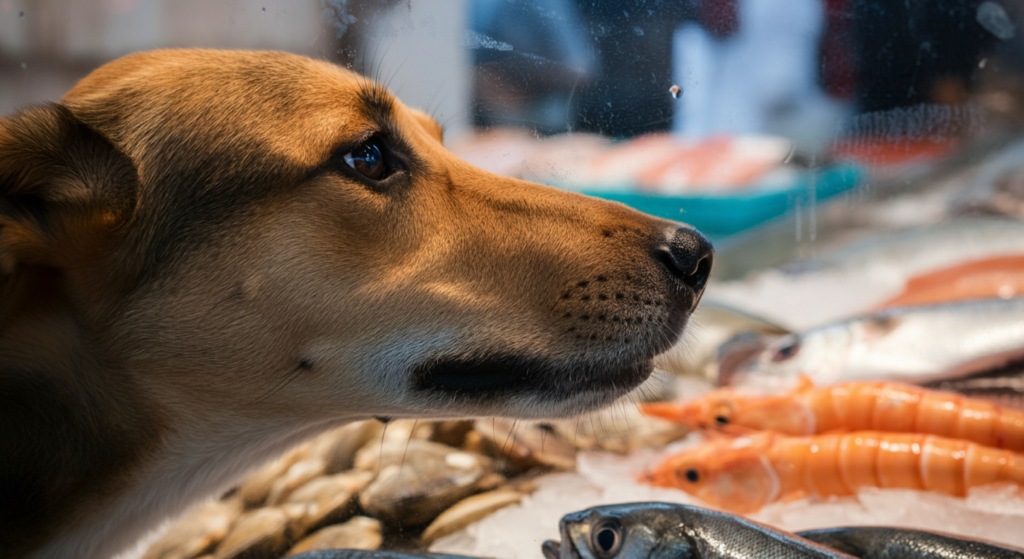 A curious dog looking at fresh fish and seafood displayed on ice behind a glass counter.