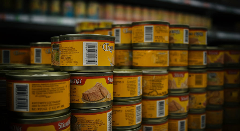Stacks of canned tuna with yellow labels on a supermarket shelf.