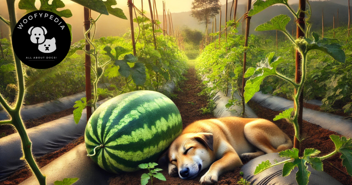 "A dog peacefully sleeping next to a watermelon growing in a vibrant vegetable patch under soft golden sunlight."