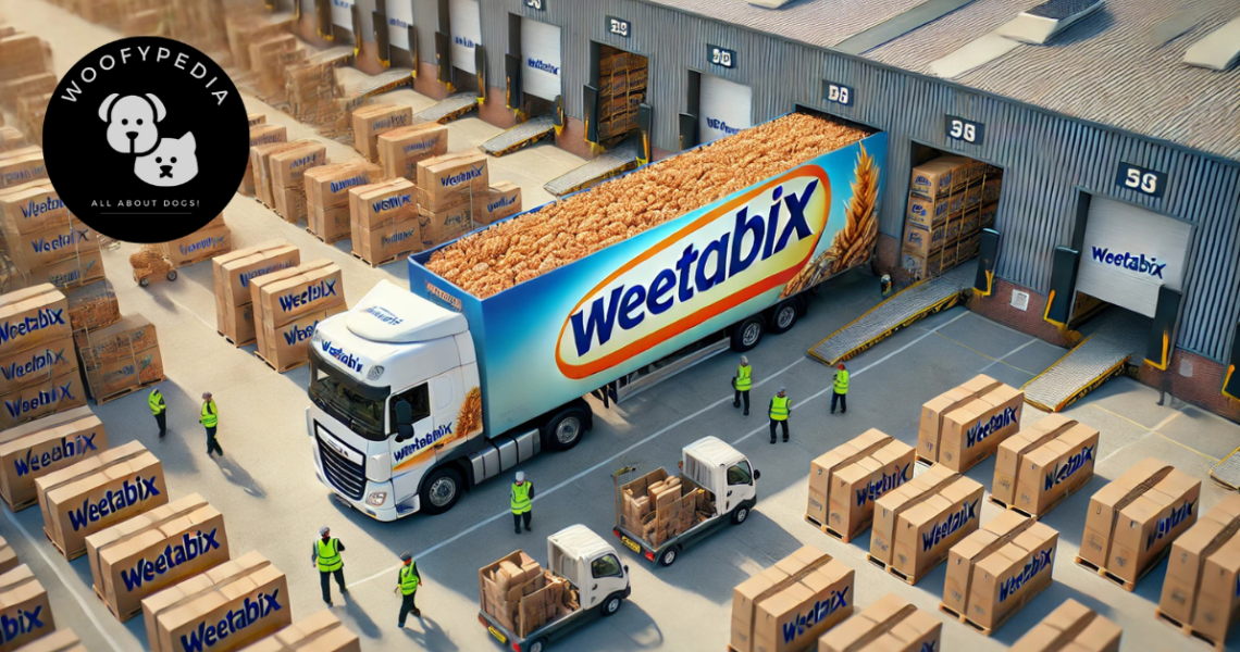 A Weetabix-branded lorry unloading boxes of cereal at a busy distribution centre. Workers in safety vests are seen managing the delivery process, surrounded by stacked pallets of Weetabix. The Woofypedia logo is overlaid on the image.