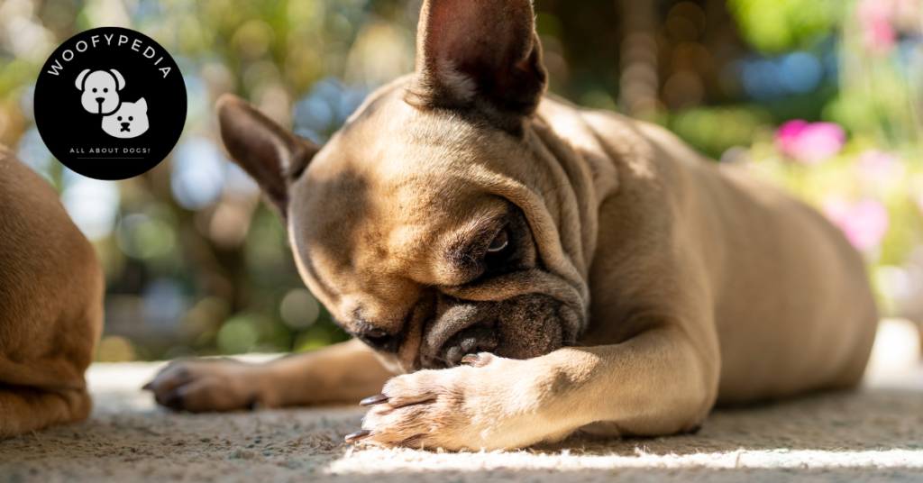 "French Bulldog licking its paw outdoors, a possible sign of flea irritation or itching."