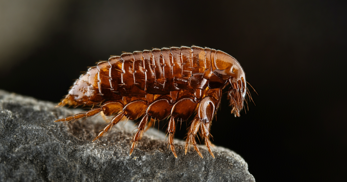 A highly magnified image of a flea, showcasing its detailed anatomy, on a textured surface with a dark background.