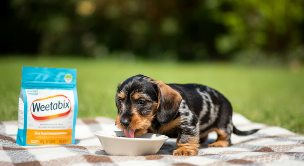 A small dachshund puppy licking a bowl of softened Weetabix on a picnic blanket in a sunny garden, with a Weetabix package nearby.