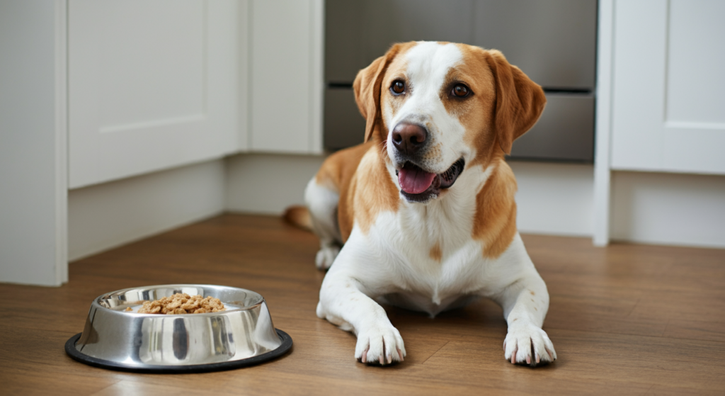 A happy dog lying on a kitchen floor next to a shiny bowl filled with a small portion of softened Weetabix.