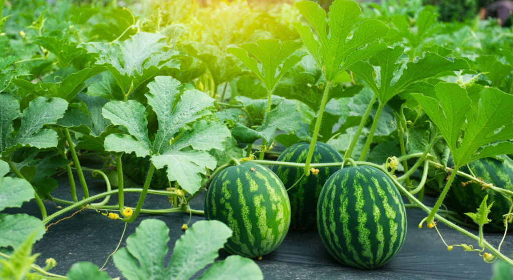 "Close-up of ripe watermelons growing on vines in a lush vegetable patch with vibrant green leaves."