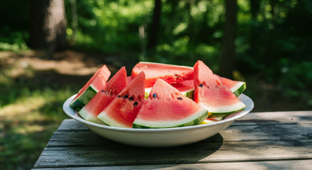 "A bowl of fresh watermelon slices with seeds, placed on a wooden table in a sunny outdoor setting."