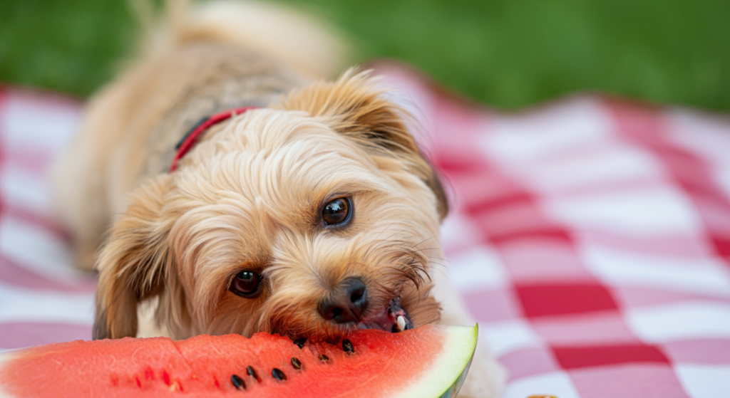 "A small dog biting into a slice of watermelon while lying on a red and white picnic blanket outdoors."